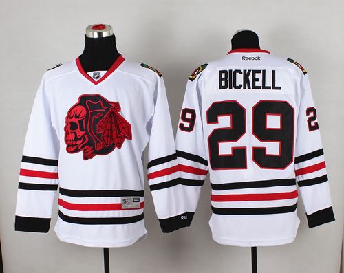 Blackhawks #29 Bryan Bickell White(Red Skull) Stitched NHL Jersey