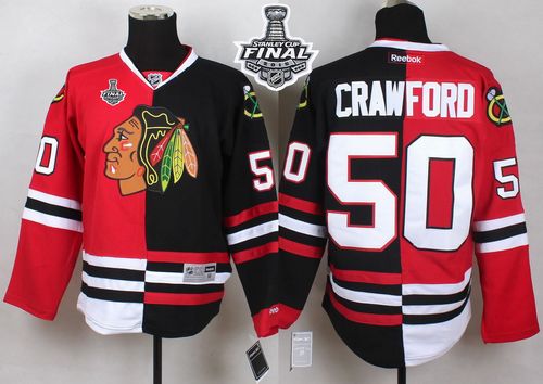 Blackhawks #50 Corey Crawford Red/Black Split 2015 Stanley Cup Stitched NHL Jersey