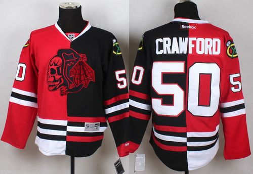Blackhawks #50 Corey Crawford Red/Black Split Red Skull Stitched NHL Jersey