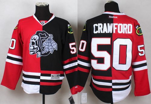 Blackhawks #50 Corey Crawford Red/Black Split White Skull Stitched NHL Jersey