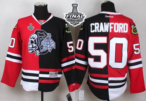 Blackhawks #50 Corey Crawford Red/Black Split White Skull 2015 Stanley Cup Stitched NHL Jersey