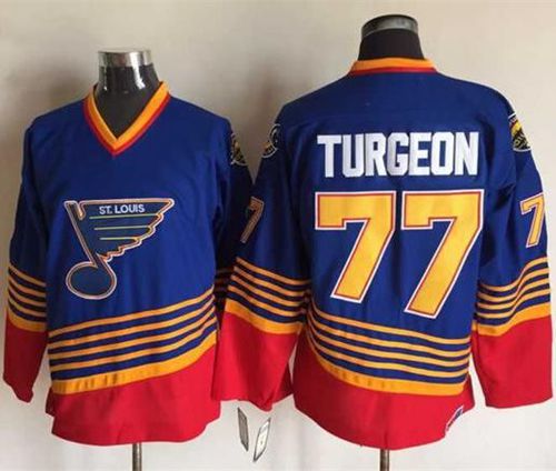 Blues #77 Pierre Turgeon Light Blue/Red CCM Throwback Stitched NHL Jersey