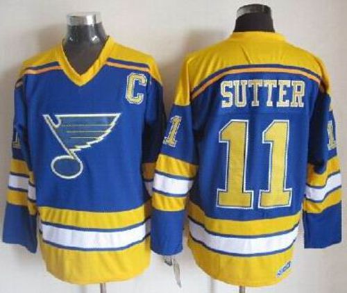 Blues #11 Brian Sutter Light Blue/Yellow CCM Throwback Stitched NHL Jersey