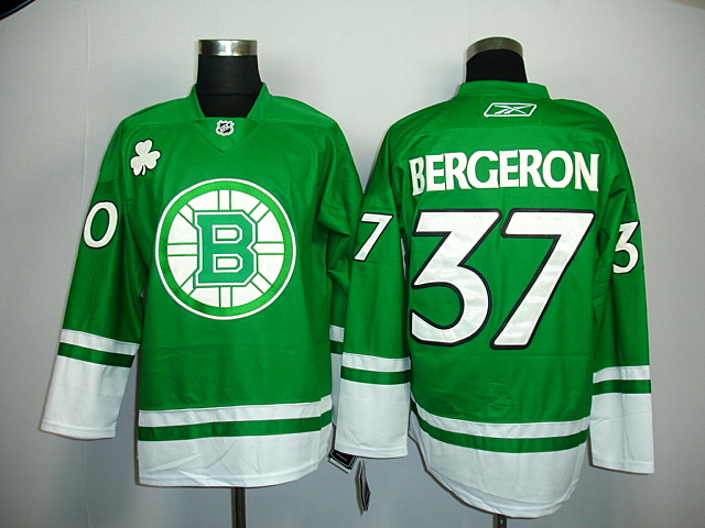 Bruins #37 Patrice Bergeron Green St. Patty's Day Stitched NHL Jersey