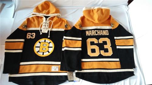 Bruins #63 Brad Marchand Black Sawyer Hooded Sweatshirt Stitched NHL Jersey