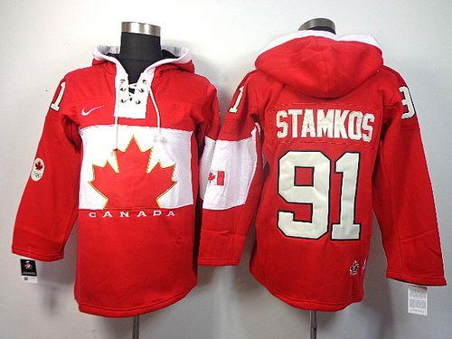 Olympic CA. #91 Steven Stamkos Red Sawyer Hooded Sweatshirt Stitched NHL Jersey