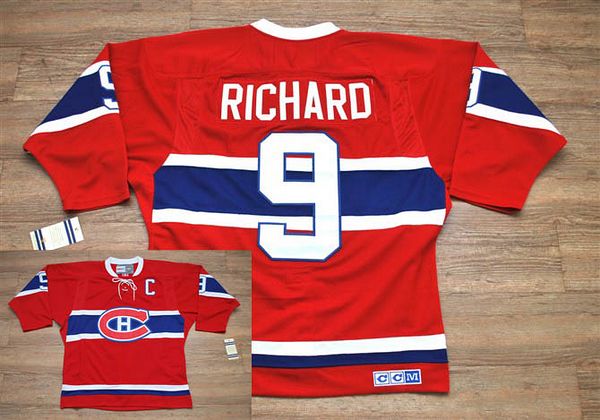 Canadiens #9 Henri Richard Stitched Red CH CCM Throwback NHL Jersey