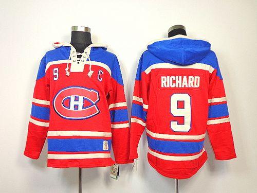 Canadiens #9 Maurice Richard Red Sawyer Hooded Sweatshirt Stitched NHL Jersey