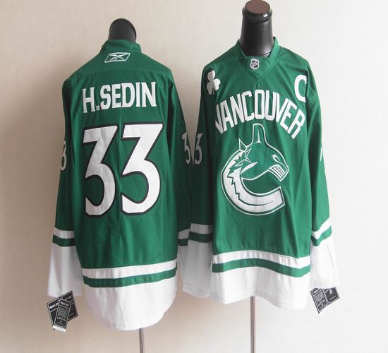 Canucks St Patty's Day #33 Henrik Sedin Green Stitched NHL Jersey