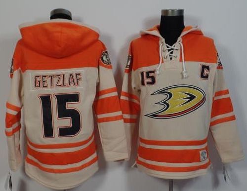 Ducks #15 Ryan Getzlaf Cream/Orange Sawyer Hooded Sweatshirt Stitched NHL Jersey