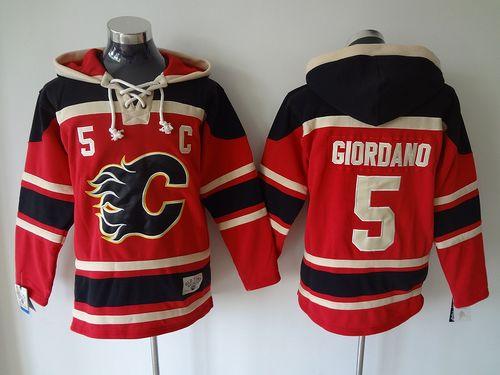 Flames #5 Mark Giordano Red Sawyer Hooded Sweatshirt Stitched NHL Jersey