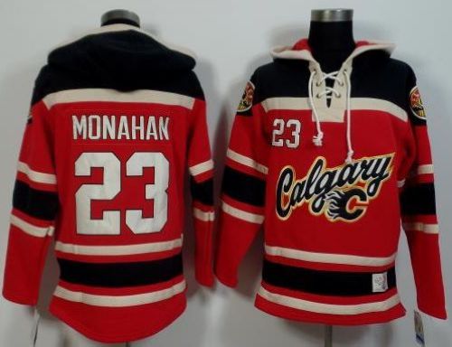 Flames #23 Sean Monahan Red/Black Sawyer Hooded Sweatshirt Stitched NHL Jersey