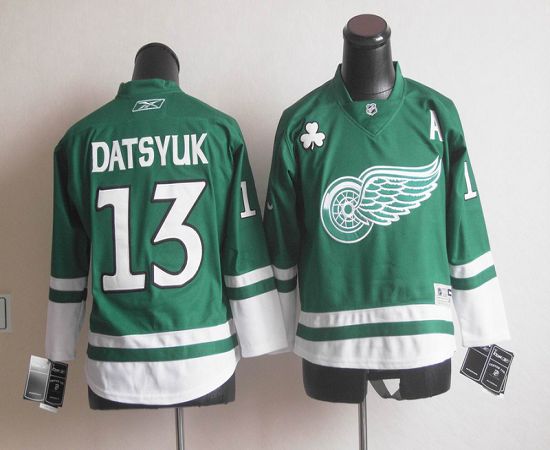 Red Wings St Patty's Day #13 Pavel Datsyuk Green Stitched Youth NHL Jersey