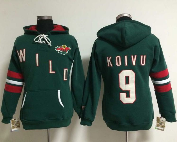 Minnesota Wild #9 Mikko Koivu Green Women's Old Time Heidi NHL Hoodie