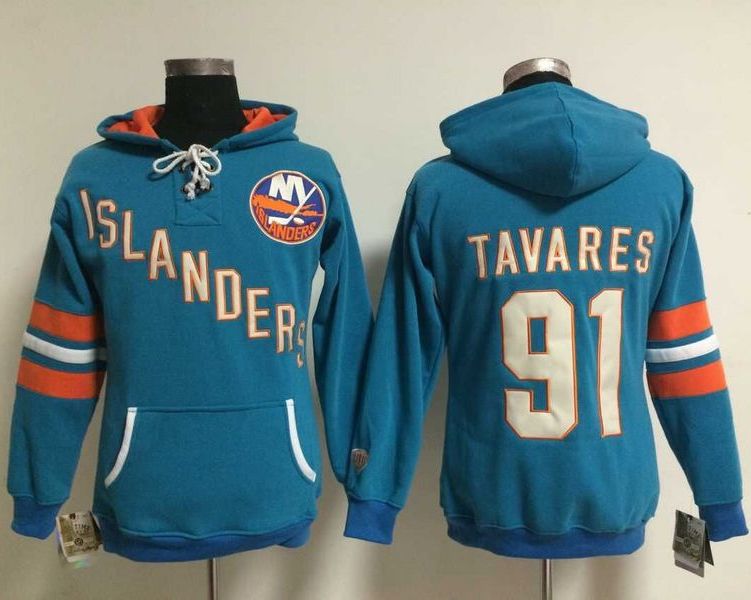 New York Islanders #91 John Tavares Baby Blue Women's Old Time Heidi NHL Hoodie