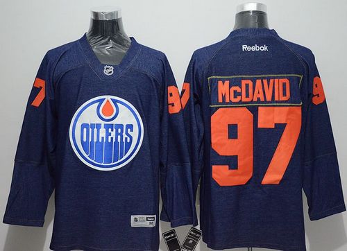 Oilers #97 Connor McDavid Navy Blue Denim Stitched NHL Jersey