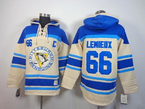 Penguins #66 Mario Lemieux Cream Sawyer Hooded Sweatshirt Stitched NHL Jersey