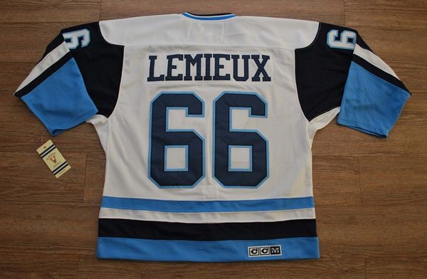 Penguins #66 Mario Lemieux Stitched White/Blue CCM Throwback NHL Jersey