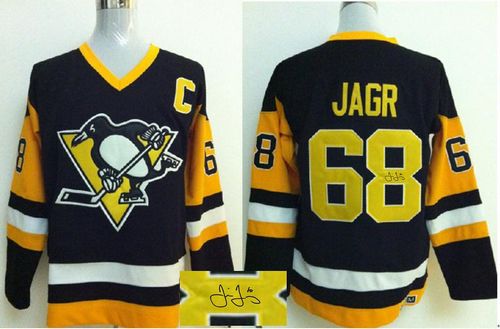 Penguins #68 Jaromir Jagr Black CCM Throwback Autographed Stitched NHL Jersey
