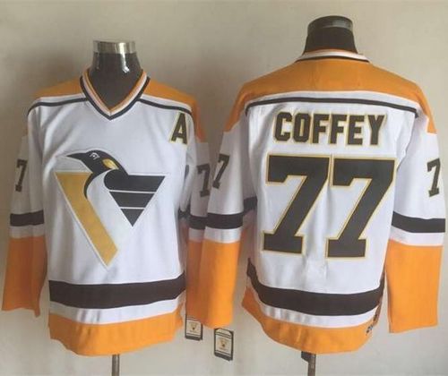 Penguins #77 Paul Coffey White/Yellow CCM Throwback Stitched NHL Jersey