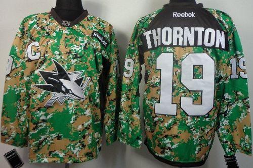 Sharks #19 Joe Thornton Camo Veterans Day Practice Stitched NHL Jersey