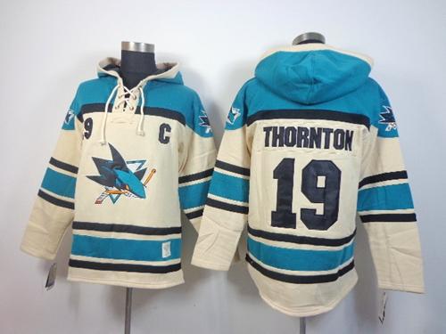 Sharks #19 Joe Thornton Cream Sawyer Hooded Sweatshirt Stitched NHL Jersey