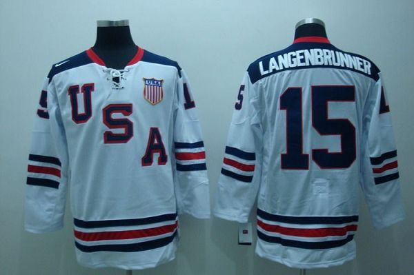 2010 Olympic Team USA #15 Jamie Langenbrunner Stitched White 1960 Throwback NHL Jersey