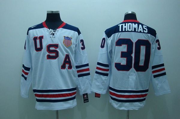 2010 Olympic Team USA #30 Tim Thomas Stitched White 1960 Throwback NHL Jersey