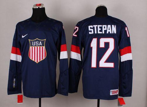 2014 Olympic Team USA #12 Derek Stepan Navy Blue Stitched NHL Jersey