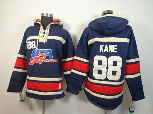 Olympic Team USA #88 Patrick Kane Navy Blue Throwback Sawyer Hooded Sweatshirt Stitched NHL Jersey