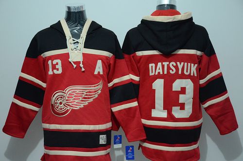 Red Wings #13 Pavel Datsyuk Red Sawyer Hooded Sweatshirt Stitched NHL Jersey