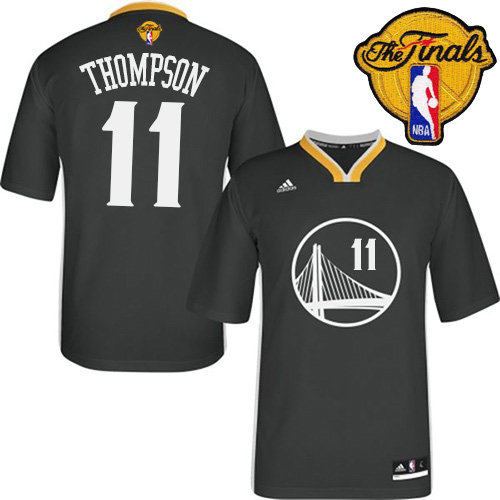2015 NBA Finals Patch Golden State Warriors 11 Klay Thompson New Revolution 30 Swingman Black Jersey with Sleeve