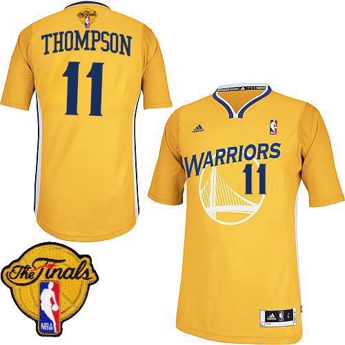 2015 NBA Finals Patch Golden State Warriors 11 Klay Thompson New Revolution 30 Swingman Yellow Jersey with Sleeve