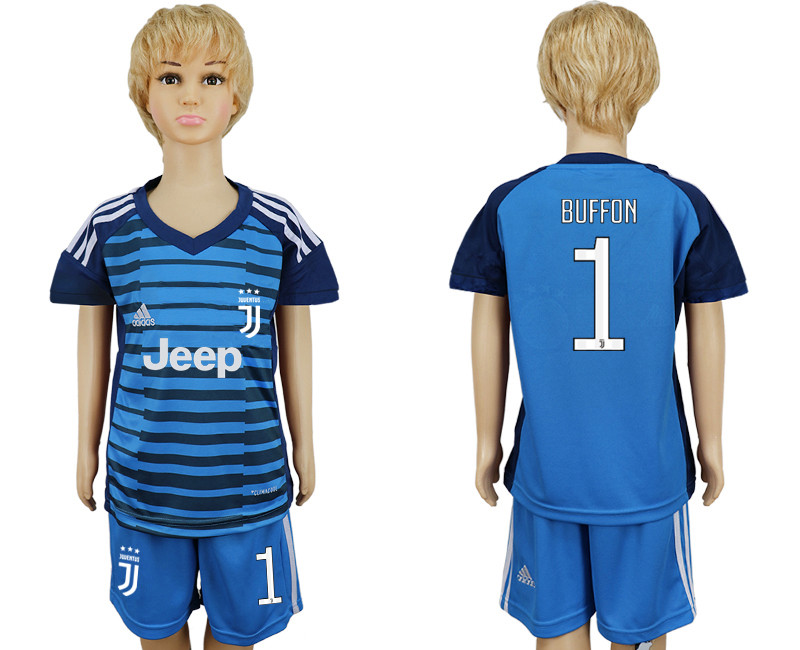 2017 18 1 BUFFON  Juventus Lake Blue Youth Goalkeeper Soccer Jersey