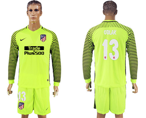 2017 18 Atletico Madrid 13 OBLAK Fluorescent Green Long Sleeve Goalkeeper Soccer Jersey