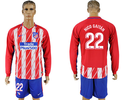 2017 18 Atletico Madrid 22 NICO GAITAN Home Long Sleeve Soccer Jersey