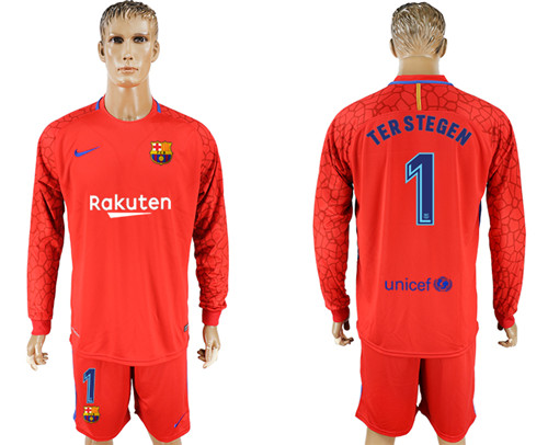 2017 18 Barcelona 1 TER STEGEN  Red Goalkeeper Long Sleeve Soccer Jersey