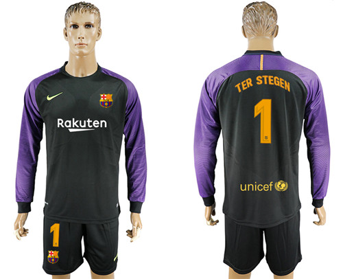 2017 18 Barcelona 1 TER STEGEN Black Goalkeeper Long Sleeve Soccer Jersey