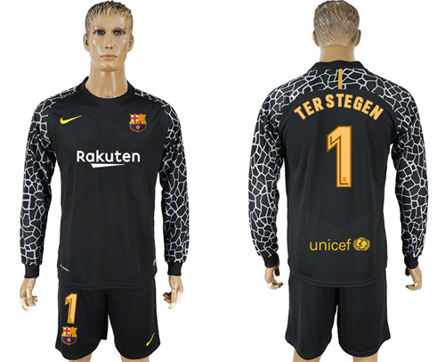 2017 18 Barcelona 1 TER STEGEN Black Long Sleeve Goalkeeper Soccer Jersey