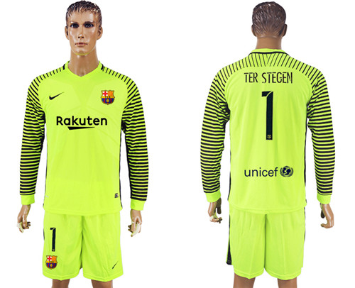 2017 18 Barcelona 1 TER STEGEN Goalkeeper Long Sleeve Soccer Jersey