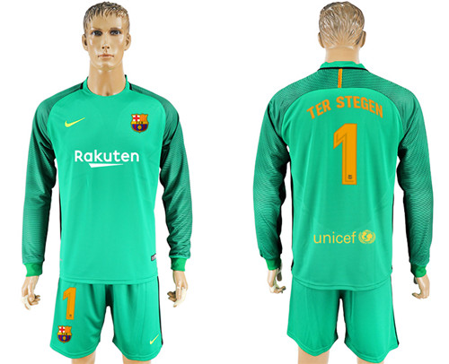 2017 18 Barcelona 1 TER STEGEN Green Goalkeeper Long Sleeve Soccer Jersey