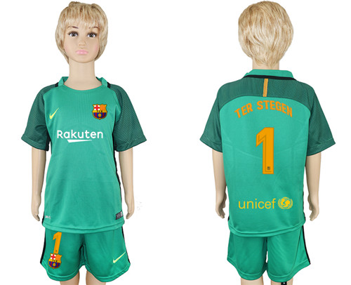 2017 18 Barcelona 1 TER STEGEN Green Youth Goalkeeper Soccer Jersey