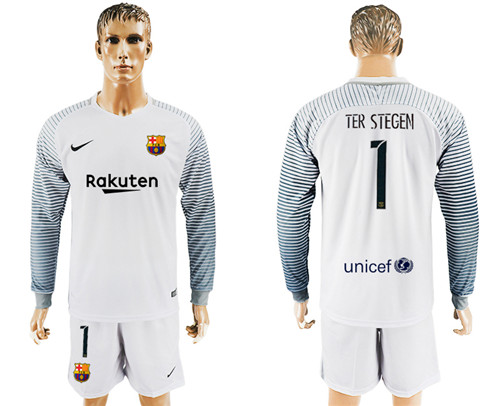 2017 18 Barcelona 1 TER STEGEN White Goalkeeper Long Sleeve Soccer Jersey