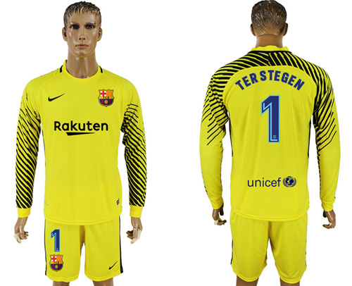 2017 18 Barcelona 1 TER STEGEN Yellow Long Sleeve Goalkeeper Soccer Jersey