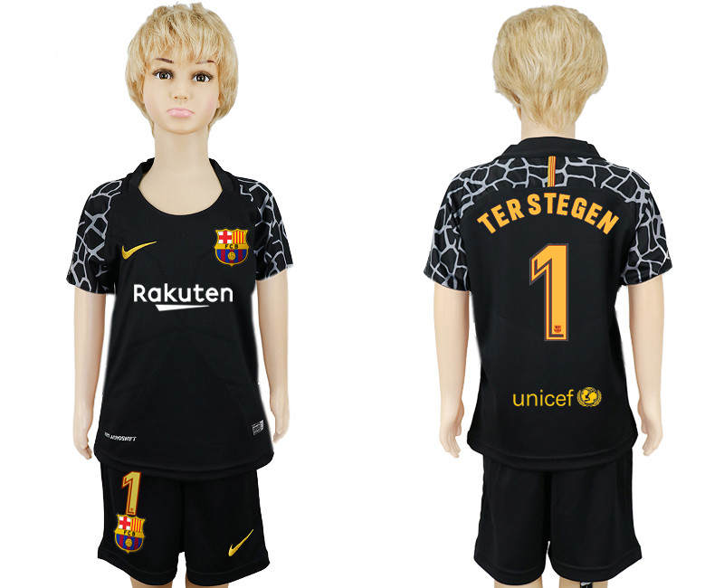 2017 18 Barcelona 1 TERSTEGEEN Black Goalkeeper Youth Soccer Jersey