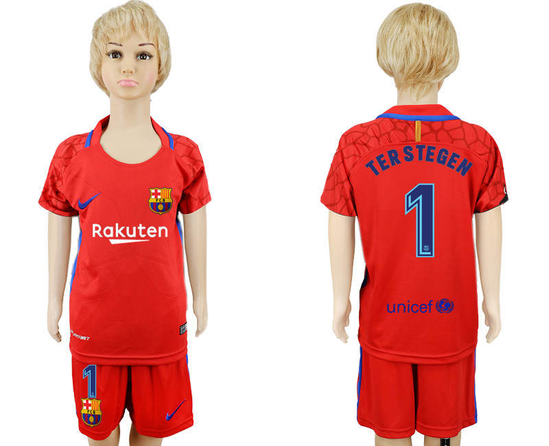 2017 18 Barcelona 1 TERSTEGEN Red Goalkeeper Youth Soccer Jersey