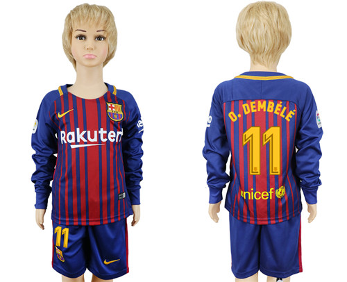 2017 18 Barcelona 11 O. DEMBELE Youth Home Long Sleeve Soccer Jersey
