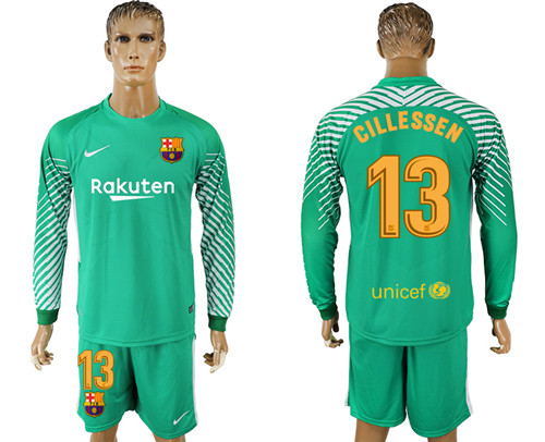 2017 18 Barcelona 13 CILLESSEN Green Long Sleeve Goalkeeper Soccer Jersey