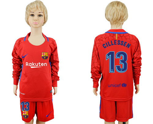 2017 18 Barcelona 13 CILLESSEN Red Youth Long Sleeve Goalkeeper Soccer Jersey