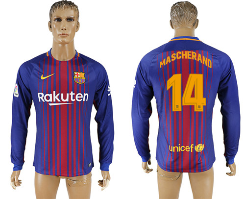 2017 18 Barcelona 14 MASCHERANO Home Long Sleeve Thailand Soccer Jersey